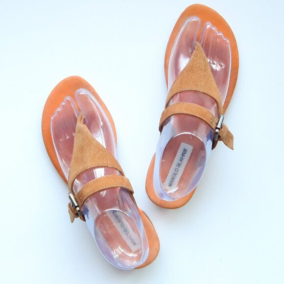 Manolo Blahnik Tan Suede Leather Thong Sandals Luxury Summer Flats Flip Flops 8 - Picture 16 of 16
